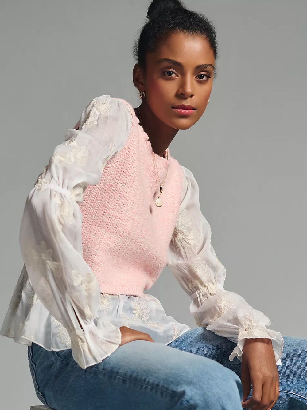 By Anthropologie Layered Sweater Vest in Pink / Cream - S